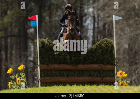 Raeford, Carolina del Nord, Stati Uniti. 26th Mar 2022. DOUG PAYNE degli Stati Uniti che cavalcano Vandiver compete in CCI4* cross country al Carolina International CCI and Horse Trial, 26 marzo 2022 al Carolina Horse Park a Raeford, North Carolina. Il Carolina International CCI and Horse Trial è uno dei principali concorsi di eventi del Nord America per le combinazioni di eventi nazionali e internazionali, che ospita da CCI1*-S a CCI4*-S livelli e National Levels of Training through Advanced. (Credit Image: © Timothy L. Hale/ZUMA Press Wire) Foto Stock