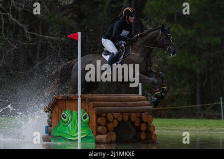 Raeford, Carolina del Nord, Stati Uniti. 26th Mar 2022. DOUG PAYNE degli Stati Uniti che cavalcano Starr testimone compete in CCI4* cross country al Carolina International CCI and Horse Trial, 26 marzo 2022 al Carolina Horse Park a Raeford, North Carolina. Il Carolina International CCI and Horse Trial è uno dei principali concorsi di eventi del Nord America per le combinazioni di eventi nazionali e internazionali, che ospita da CCI1*-S a CCI4*-S livelli e National Levels of Training through Advanced. (Credit Image: © Timothy L. Hale/ZUMA Press Wire) Foto Stock