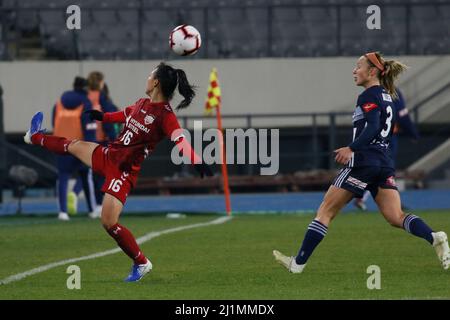 Novembre 26, 2019-Yongin, Corea del Sud-Teigen Allen della Vittoria di Melbourne e Jang Selgi di Incheon Hyundai Steel Red Angels azione durante un campionato di Women's Club 2019-FIFA/AFC pilota Tournamant Melbourne Victory V Incheon Hyundai Steel Red Angels allo Yongin Citizens Sports Park di Yongin, South Korea.Match ha vinto Incheon Hyundai Steel Red Angels, punteggio di 4-0. Foto Stock