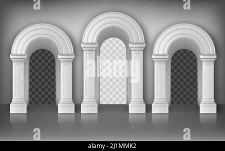 Archi con colonne in cinta muraria realistica, porte interne con colonne bianche nel corridoio del palazzo o del castello, cornici ad arco, ingresso portale, antico Illustrazione Vettoriale