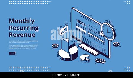 Ricavi mensili ricorrenti, landing page isometrica mrr. Computer desktop con calcolatore di bilancio o di pagamento su schermo, orologio, monete e grafici intorno. E Illustrazione Vettoriale