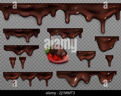Gocciolamento di cioccolato fuso isolato su fondo trasparente. Vettore realistico set di gocce, schizzi e flusso di crema di cacao. Fragola in liquido scuro Illustrazione Vettoriale
