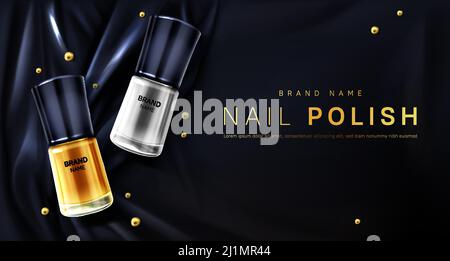 Smalto per unghie 3d bottiglie oro e argento metallizzato palette mock up banner, cosmetici tubi di vetro su nero satin morbido tessuto di seta con pieghe e perle. Co Illustrazione Vettoriale