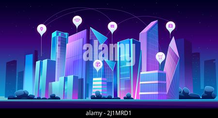 Città intelligente con tecnologia di comunicazione wireless e Internet of Things. Paesaggio urbano notturno di cartoni animati vettoriali con grattacieli e icone infografiche. Cifra Illustrazione Vettoriale