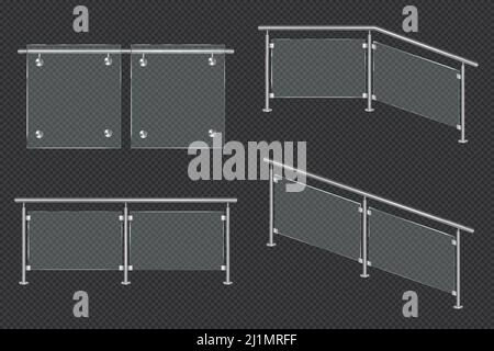 Balaustra in vetro con balaustra in ferro frontale e vista angolare. Vettore realistico mockup di diverse sezioni di recinzione acrilica trasparente con isolo di ringhiera metallica Illustrazione Vettoriale