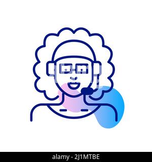 Sorridente giovane donna in cuffia che lavora come responsabile del telemarketing. Pixel Perfect, tratto modificabile, divertente icona geometrica Illustrazione Vettoriale