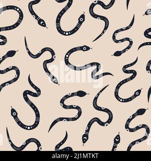 Modello senza cuciture con serpente magico boho. Simbolo mistico in uno stile minimalista alla moda. Illustrazione vettoriale esoterica. Disegno a mano del tessuto bohémien Illustrazione Vettoriale