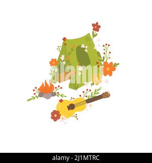 Illustrazione vettoriale dell'avventura estiva su sfondo bianco. Bambino clipart con brillante immagine di escursioni. Tenda e falò con decorazione floreale. Illustrazione Vettoriale