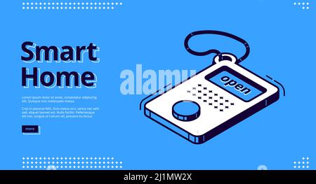 Banner Smart Home. Concetto di tecnologia dell'Internet delle cose. Pagina di destinazione vettoriale del sistema di controllo della casa con icona isometrica del telecomando su blu Illustrazione Vettoriale
