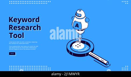 Parola chiave strumento di ricerca pagina di destinazione isometrica con grande lente di ingrandimento, intelligenza artificiale isolato su blu. Ottimizzazione SEO, servizio di analisi 3d vec Illustrazione Vettoriale