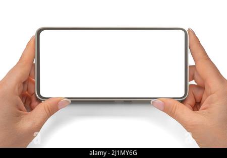 telefono mockup in posizione orizzontale. primo piano mani tenere il cellulare isolato su sfondo bianco. Primo piano dello smartphone nero orizzontale con sc vuoto Foto Stock