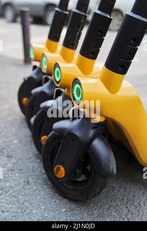 Scooter elettrici a noleggio . Background del servizio di noleggio del veicolo. Scooter elettrici per il trasporto Foto Stock