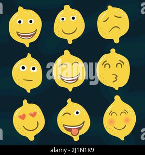 Set di limoni gialli icone emozioni smileys. Illustrazione Vettoriale