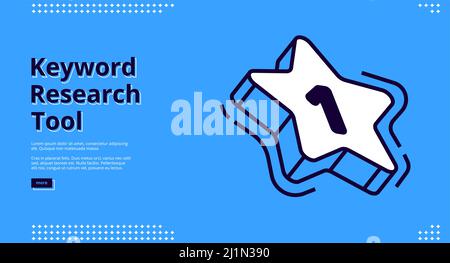 Strumento di ricerca per parole chiave pagina di destinazione isometrica, icona a stella con il numero uno al centro su sfondo blu. SEO concetto di ottimizzazione, chiave parole analisi ser Illustrazione Vettoriale