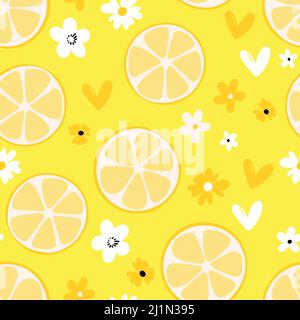 Illustrazione estiva con arance e limoni. Motivo Seamlees con frutti colorati su sfondo colorato. Concetto di cibo. Modello per invito Illustrazione Vettoriale