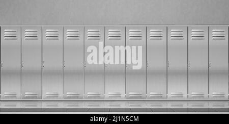 Armadietti in acciaio nel corridoio scolastico o spogliatoio in palestra. Interno vettoriale realistico con armadi singoli in metallo con porte chiuse in sport o in montne Illustrazione Vettoriale