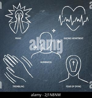 Icona attacco panico lavagna impostata. Sintomi di stress. Battito cardiaco da corsa, paura di morire, tremore e intorpidimento. Illustrazione vettoriale. Illustrazione Vettoriale
