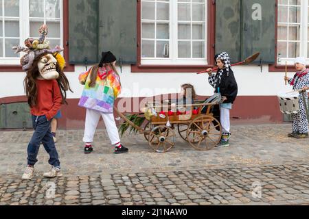 Basilea, Svizzera - Febbraio 21. Gruppo di bambini in costumi di carnevale Foto Stock