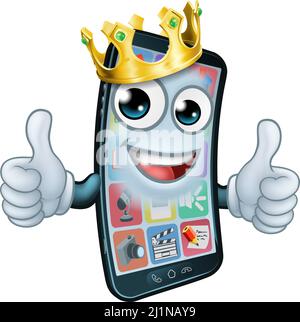 Telefono cellulare re Crown Thumbs up mascotte cartoon Illustrazione Vettoriale