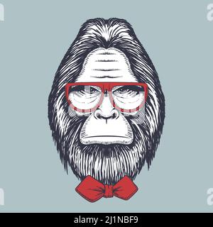 Bigfoot disegnato a mano con occhiali rossi e bow tie Illustrazione Vettoriale