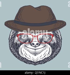 Sloth sorriso disegnato a mano con un bicchiere rosso e cappello Illustrazione Vettoriale