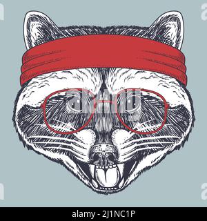 Raccoon disegnato a mano con un bicchiere rosso e bandana rossa Illustrazione Vettoriale