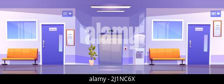 Corridoio interno dell'ospedale, sala clinica medica. Vector cartoon illustrazione di corridoio vuoto d'attesa in ospedale con sedie, porte ai reparti, acqua c Illustrazione Vettoriale