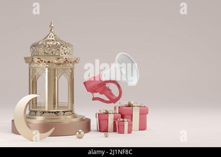 Espositore islamico podio sfondo decorazione con cannone, lanterna, mezzaluna, Ramadan Kareem, Mawlid, IFTAR, Isra al-Miraj, Eid al-Fitr, con megafono Foto Stock