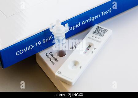 DHSC COVID-19 Self test (Rapid Antigen Test) Kit a flusso laterale con striscia di prova che mostra un risultato positivo da una persona infetta Inghilterra Regno Unito Gran Bretagna Foto Stock