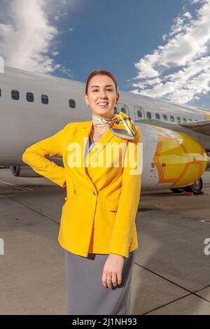 Personale di volo gioioso in piedi all'aperto presso il campo d'aviazione Foto Stock