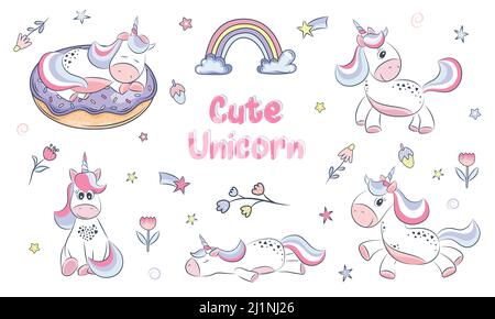Set di simpatici unicorni a cartoni animati con elementi magici. Illustrazione vettoriale isolata su sfondo bianco. Compleanno, concetto di festa. Per adesivi, ricami Illustrazione Vettoriale