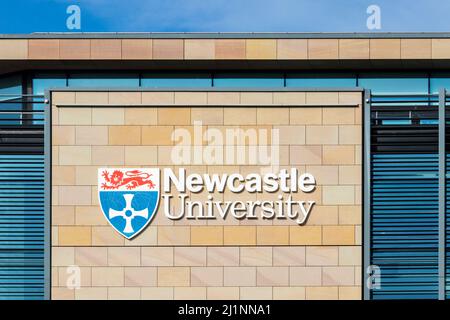 Logo dello scudo dell'Università di Newcastle e scritta sull'edificio di Newcastle upon Tyne UK Foto Stock