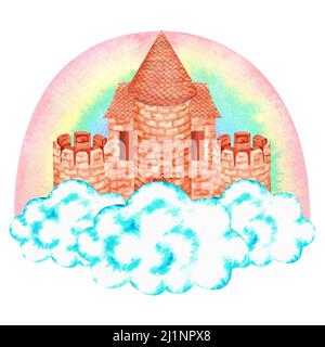 Castello nelle nuvole e un arcobaleno. Illustrazione dell'acquerello. Isolato su sfondo bianco. Per il vostro disegno degli articoli interni del vivaio, cancelleria Foto Stock