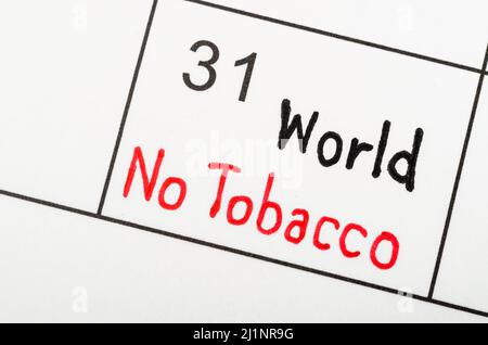 Promemoria N. Giornata del tabacco nel calendario maggio 31. Foto Stock