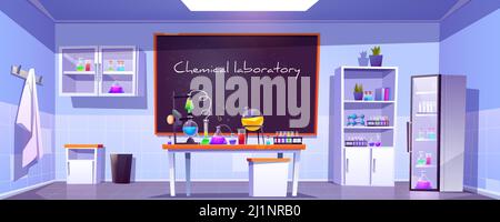 Laboratorio chimico, armadio chimico vuoto o interno dell'aula con lavagna, becher per esperimenti su scrivania, mobili e forniture scientifiche Illustrazione Vettoriale