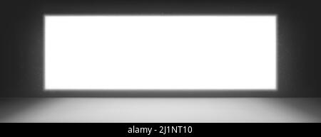 Schermo TV o cinema, monitor TV vuoto su sfondo scuro. Display LCD bianco luminoso, cartelloni pubblicitari o schermo per la visualizzazione di video Illustrazione Vettoriale