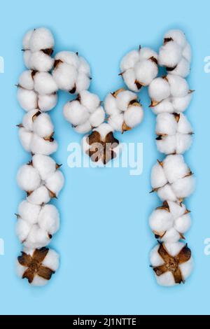 Lettera M fatta di fiori di cotone e isolata su fondo blu. Concetto di alfabeto floreale. Una lettera del set di caratteri di cotone facile da impilare. Foto Stock