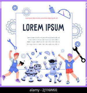 Illustrazione vettoriale del modello di banner di programmazione e ingegneria per bambini. Apprendimento di robotica ed elettronica, lezioni di codifica per ragazzi banner Illustrazione Vettoriale