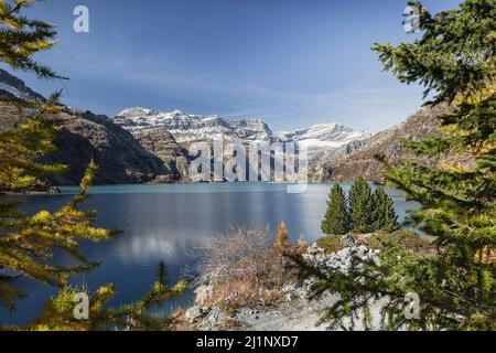 Lago di Emosson in autunno, Vallese (Wallis), Svizzera Foto Stock