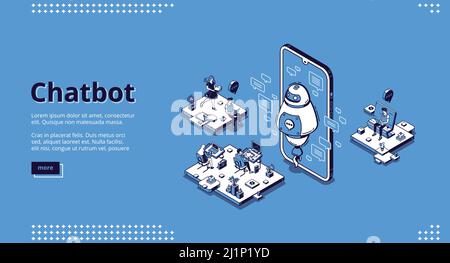 Banner chatbot. Tecnologia di intelligenza artificiale nel business per i clienti del supporto. Pagina di destinazione vettoriale dell'assistente virtuale per l'assistenza online ai clienti. Ufficio isometrico Illustrazione Vettoriale