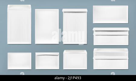 Busta bianca modello A4, DL e C6. Mockup vettoriale realistico di buste vuote chiuse e aperte, copertine per lettere vista anteriore e posteriore. Simulazione di carta Illustrazione Vettoriale
