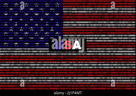 Hacker Stati Uniti (USA). Digital USA flag e un concetto di cybersicurezza di background binario con 0 e 1. Computer hacker Stati Uniti. Tricolore. Foto Stock