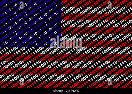 Hacker Stati Uniti (USA). Digital USA flag e un concetto di cybersicurezza di background binario con 0 e 1. Computer hacker Stati Uniti. Tricolore. Foto Stock