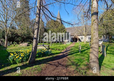 La chiesa parrocchiale e il cimitero di St. Peter e St. Andrew, Old Windsor, in un giorno di primavera soleggiato Berkshire Inghilterra UK Foto Stock