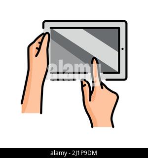 Icona della linea di colore del tablet digitale con le mani in mano. Pittogramma per pagina web, app mobile, promo. Illustrazione Vettoriale