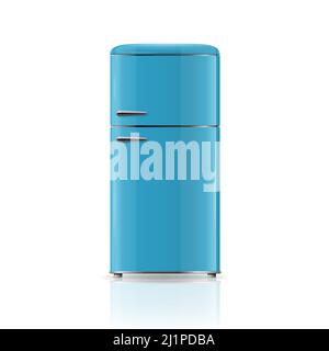 Vector 3D realistic Blue retro Vintage Frigo icona isolato su bianco. Frigorifero verticale. Frigorifero chiuso. Modello di disegno, Mockup di Frigo. Anteriore Illustrazione Vettoriale