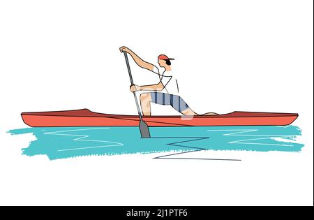 Canoe sprint, atleta uomo in piedi in appoggio su un ginocchio in canoa singola. Illustrazione stilizzata della linea di arte della canoa. Isolato su sfondo bianco. Illustrazione Vettoriale