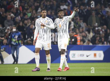 Sebastien Haller, Ibrahim Sangare della Costa d'Avorio durante la partita di calcio internazionale amichevole tra Francia e Costa d'Avorio il 25 marzo 2022 allo Stade Velodrome di Marsiglia, Francia - Foto: Jean Catuffe/DPPI/LiveMedia Foto Stock