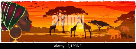 Donna africana in turbante che guarda il paesaggio di savana al tramonto, silhouette di animali e piante, natura dell'Africa. Riserve e parchi nazionali, Illustrazione Vettoriale