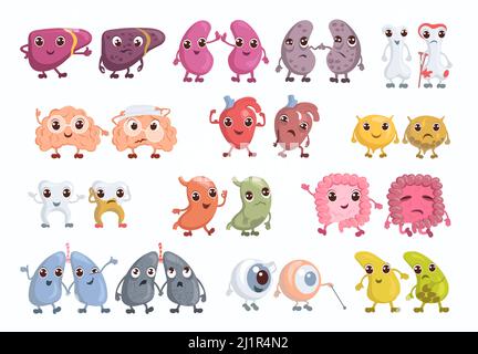Cute organi anatomici. Parti del corpo sane o malsane. Fegato e occhi. Polmoni con facce divertenti. Ossa o denti. Danneggiato e intero. Bambini medici Illustrazione Vettoriale
